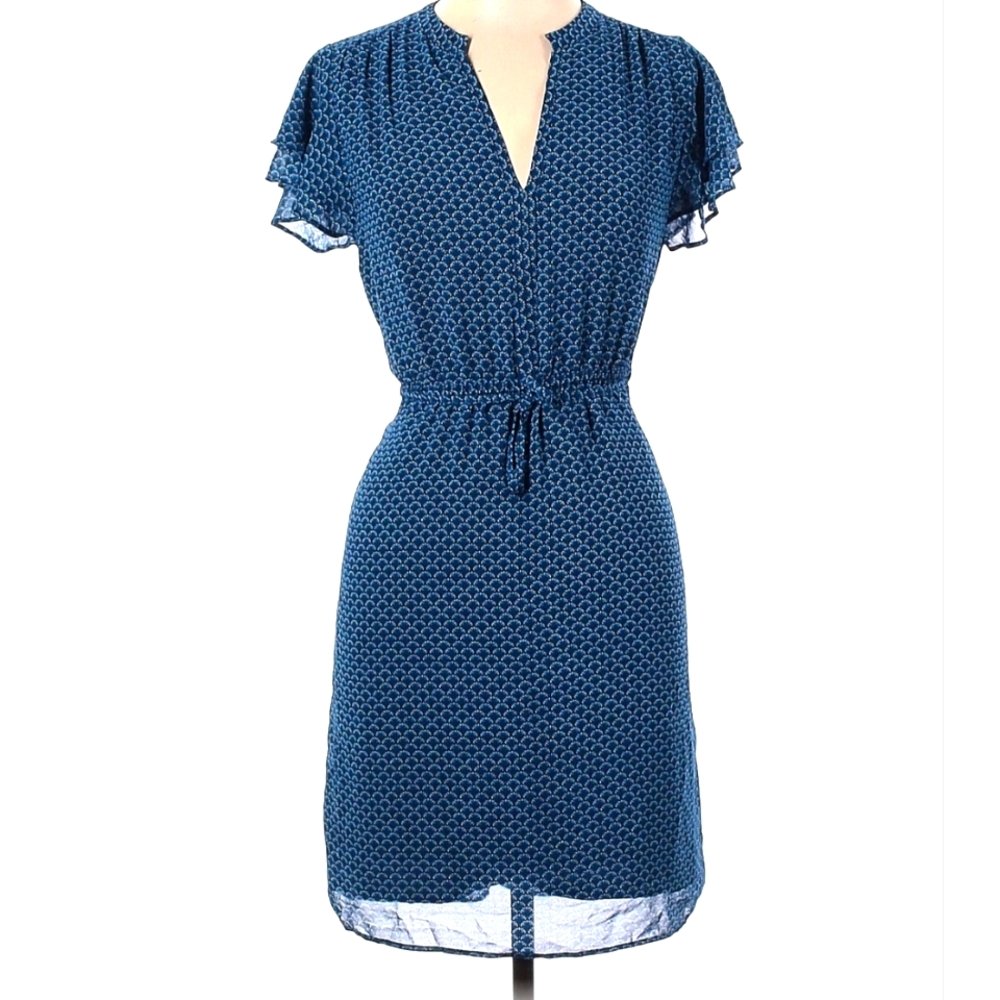 H&M Women Fit & Flare V Flutter Sleeve Elastic Waist Geomtric Print Blue SZ 14